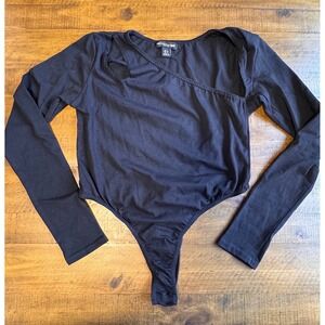 PrettyLittleThing Bodysuit Black Cotton Blend Asymmetric Cutout Chic Top